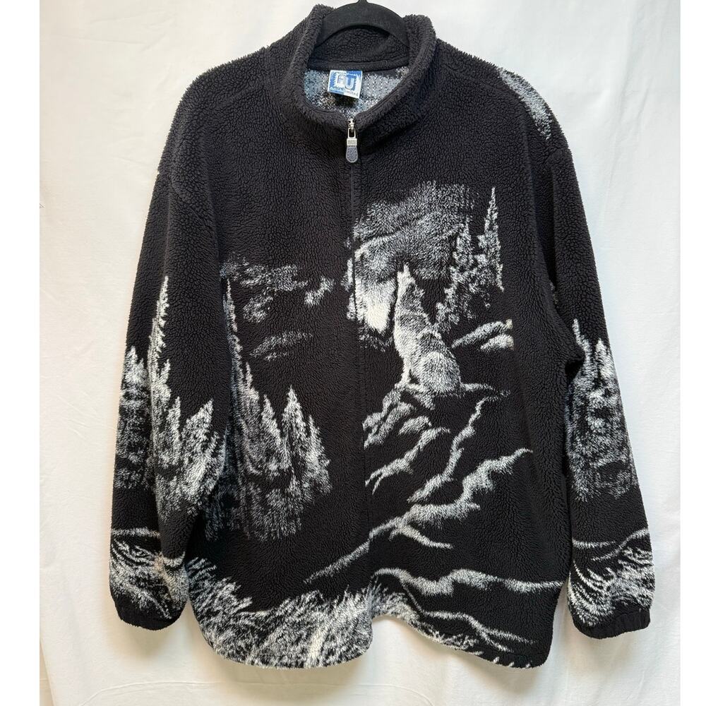 Art Unlimited Fleece Full Zip Jacket, Black, Size XL Vintage, 1990, Classic
